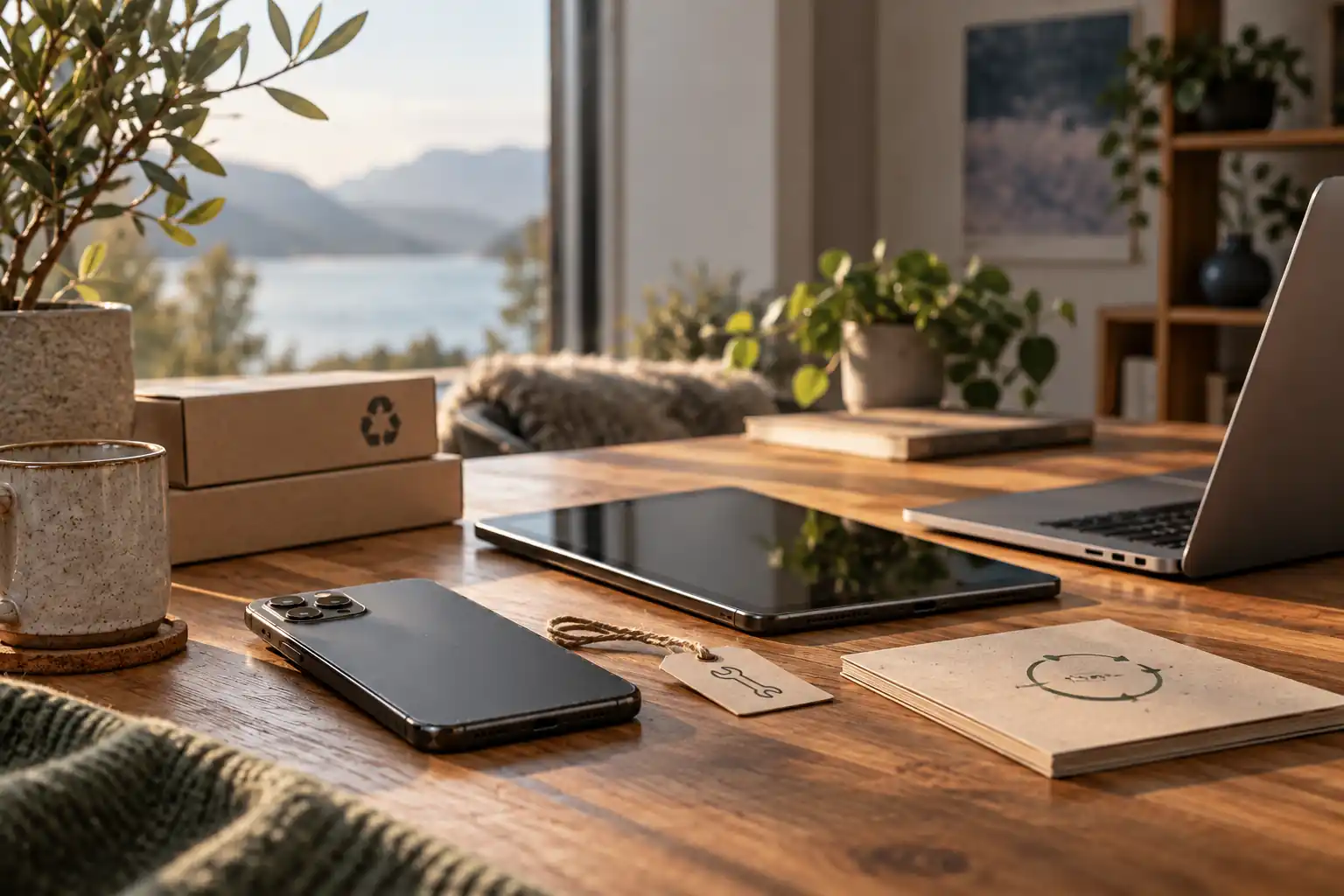 Mobiltelefon og annen elektronikk på et skrivebord ved vinduet – teknologi som kan ha lang brukstid.