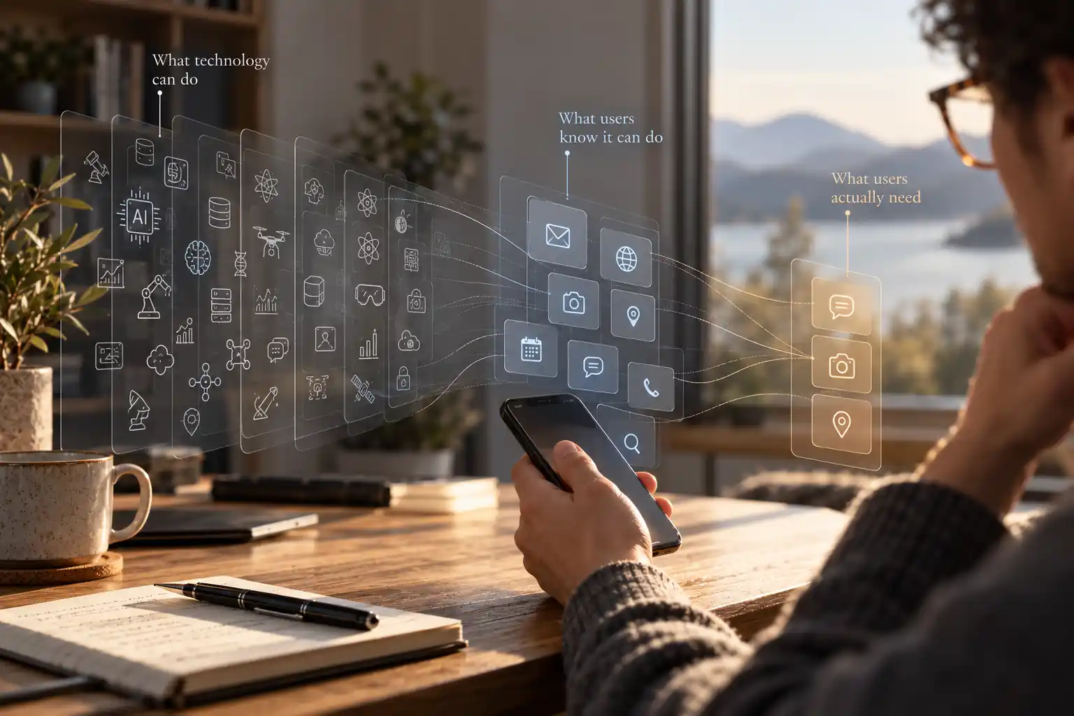 Person som bruker digitale funksjoner, illustrert med et fremtidsrettet teknologisk grensesnitt.