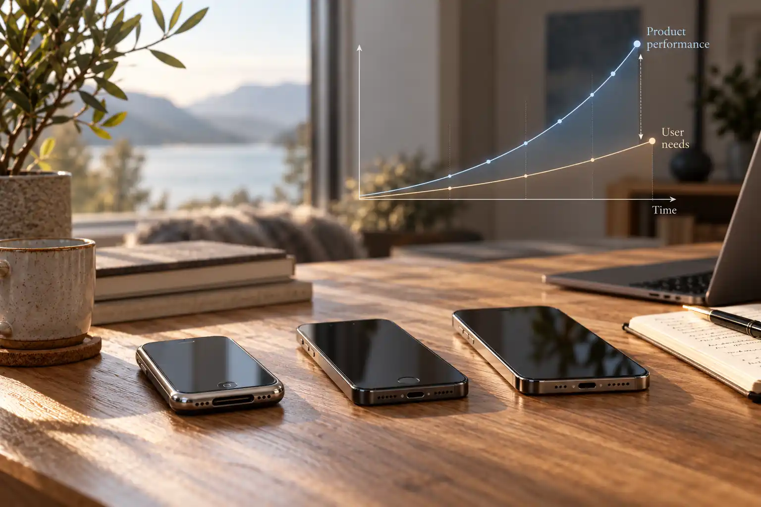 Flere mobiltelefoner på et trebord ved vinduet, som illustrerer ulike generasjoner av teknologi.